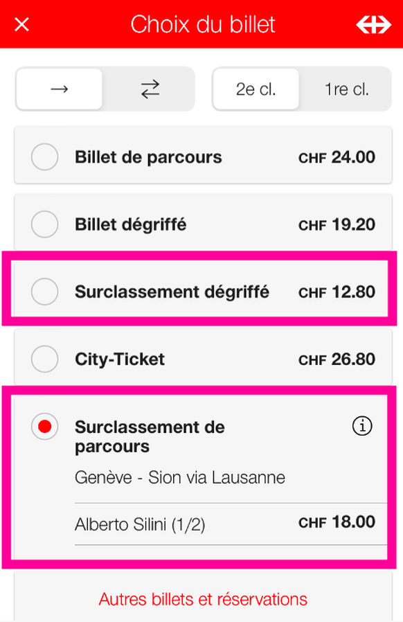 La différence de prix entre le surclassement normal et sa version dégriffée.