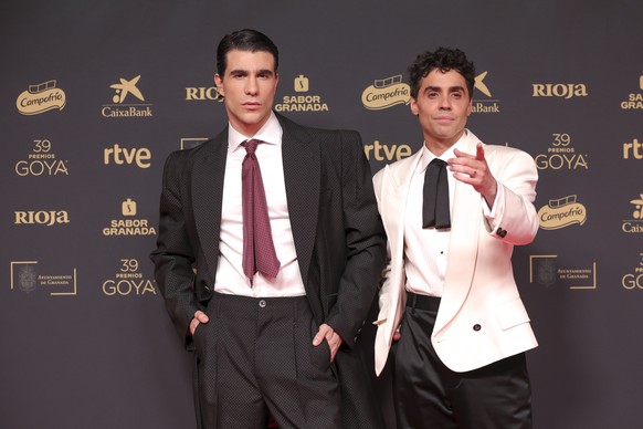 Javier Calvo, left, and Javier Ambrossi pose for photographers upon arrival for the 39th Goya Awards in Granada, Spain, on Saturday, Feb. 8, 2025, in Granada. (AP Photo/Fermin Rodriguez)
Javier Ambros ...