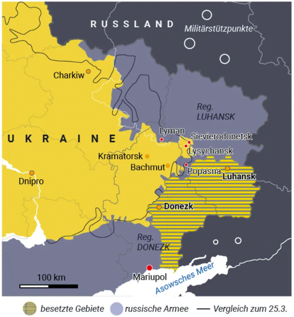 En jaune traitillé: territoires occupés; en bleu: armée russe; le trait: comparaison au 25 mars.
