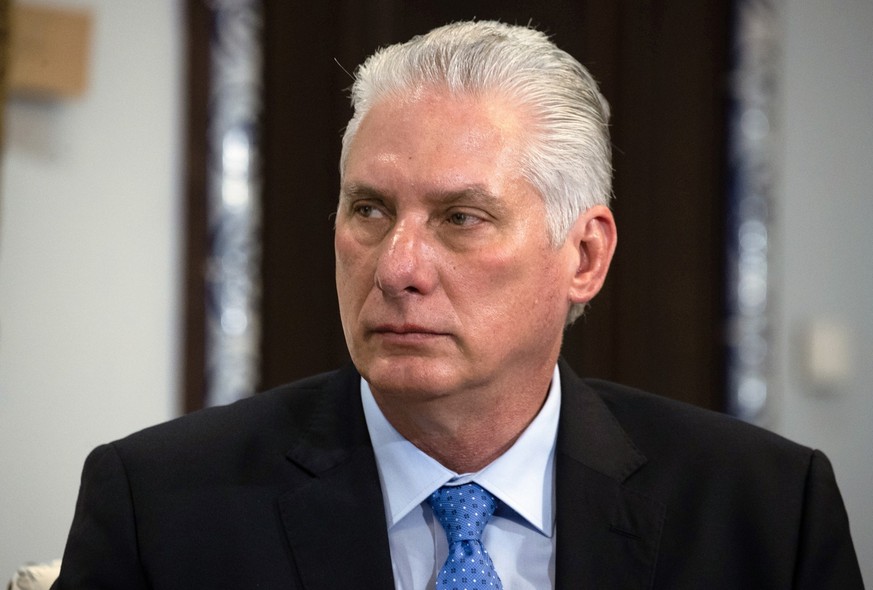 epa11326575 Cuban President Miguel Mario Diaz-Canel Bermudez attends a meeting with the Deputy head of Russia's Security Council at Gorki state residence, outside Moscow, Russia, 08 May 2024. EPA ...