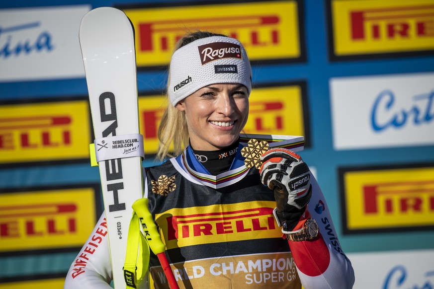 Lara Gut-Behrami of Switzerland celebrates with the Gold medal for Super-g race during the medals ceremony after the women&amp;#039;s Super-G race at the 2021 FIS Alpine Skiing World Championships in  ...