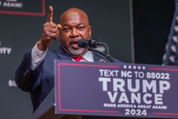 ASHEVILLE, NORTH CAROLINA - AUGUST 14: Mark Robinson, Lieutenant Governor of North Carolina and candidate for Governor, delivers remarks prior to Republican presidential nominee former President Donal ...
