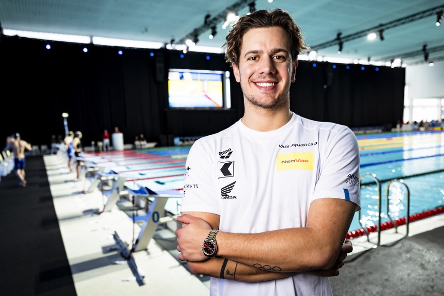 Le nageur tessinois Noe Ponti pose lors de la 6eme edition du meeting international de natation "Lausanne Swim Cup" le vendredi 13 mars 2026 a la Vaudoise arena a Prilly-Lausanne. (KEYSTONE/ ...