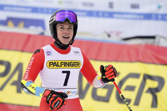Switzerland&#039;s Lara Gut Behrami checks her time at the end of an alpine ski, women&#039;s World Cup giant slalom race, in Kranjska Gora, Slovenia, Sunday, Jan. 8, 2023. (AP Photo/Giovanni Auletta)