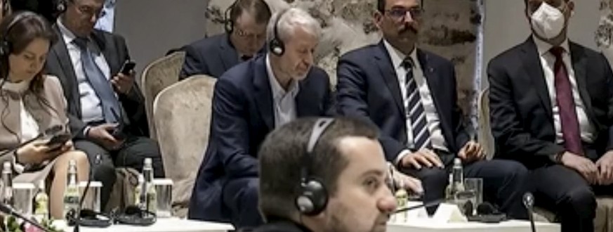 In this image taken from a video provided by the Turkish Presidency, Russian Roman Abramovich, top center, 3rd from right, listens to Turkish President Recep Tayyip Erdogan during the Russian and Ukra ...
