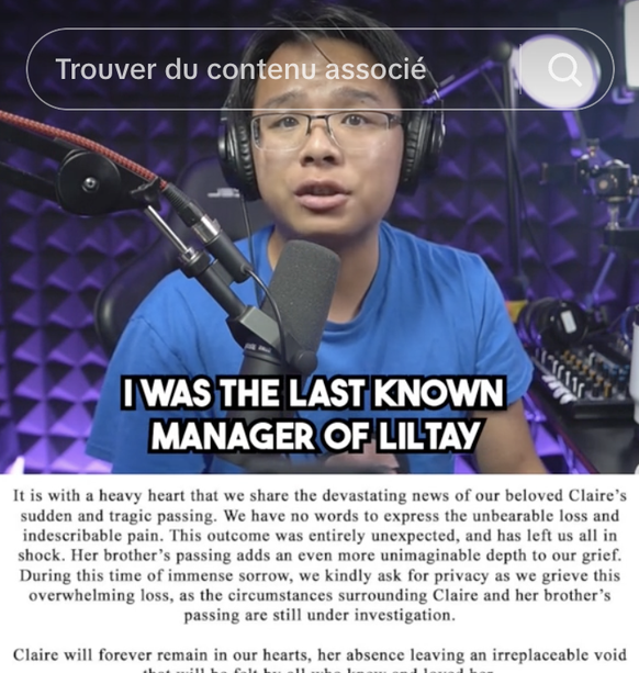 Harry Tsang, sur TikTok, quelques heures après l'annonce de la «mort» de son ancienne protégée.