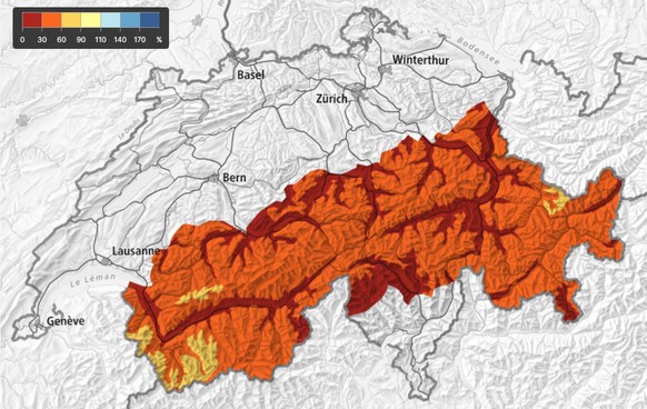 Hauteur de la neige par rapport à la moyenne des années 1991-2020 (plus c'est rouge moins c'est bien).