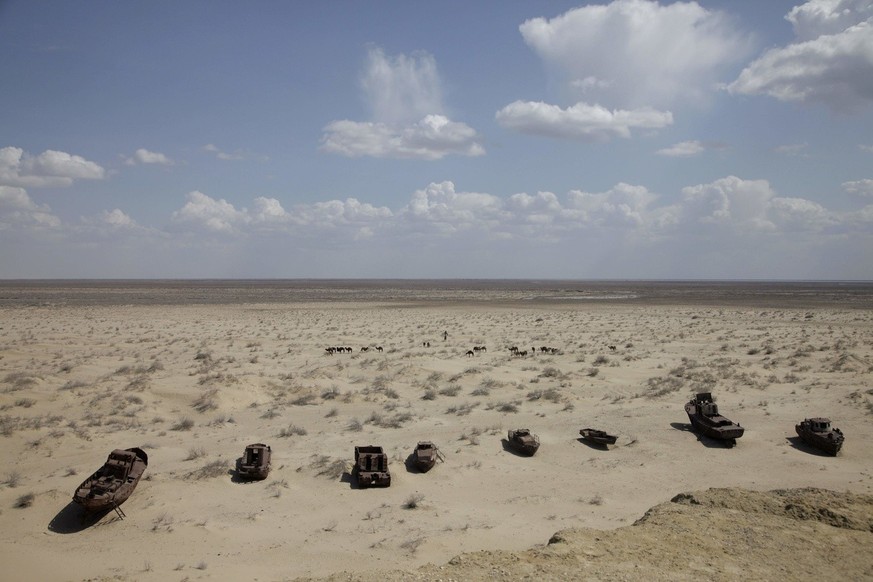 An aerial view of the ship graveyard near Muynak over the dried up Aral Sea in Uzbekistan. U.N. Secretary General Ban Ki-moon visited the sea&#039;s remains as part of a trip through former Soviet Cen ...
