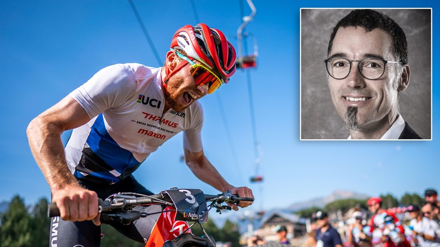 Mathias Flueckiger from Switzerland in action during the UCI Cross Country Mountain Bike World Cup Short Track Men Elite race, XCC, on Friday, July 15, 2022, in Vallnord, Andorra. (KEYSTONE/Maxime Sch ...