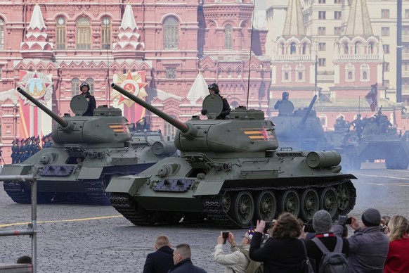 Soviet era T-34 tanks roll in Red square during the Victory Day military parade in Moscow, Russia, Friday, May 9, 2025, during celebrations of the 80th anniversary of the Soviet Union&#039;s victory o ...