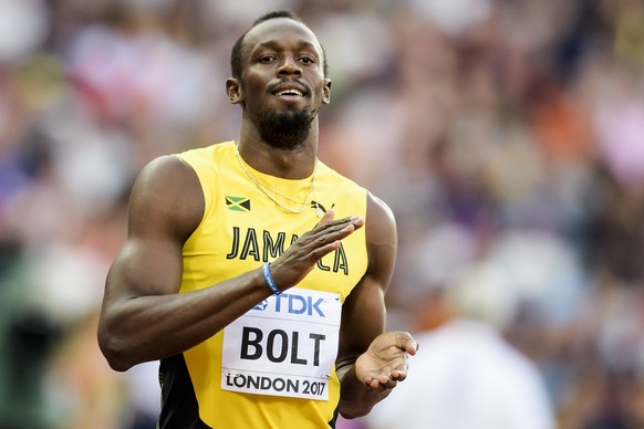 Usain Bolt from Jamaica reacts during the men 100m Men Semi-Final at the IAAF World Athletics Championships at the London Stadium, in the Queen Elizabeth Olympic Park in London, Britain, Saturday, Aug ...