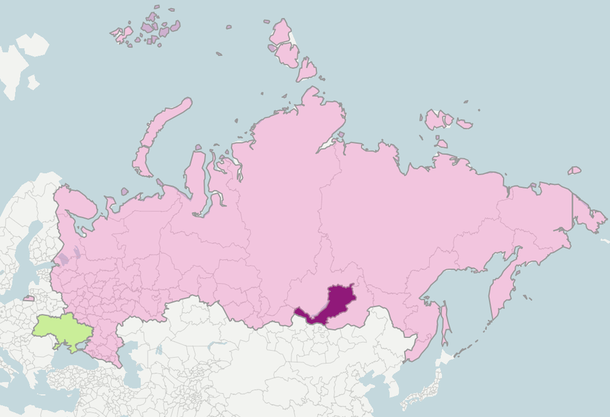 La République de Bouriatie (en violet) et, en vert l'Ukraine.