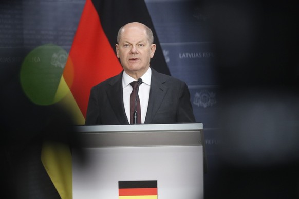 epa11322318 German Chancellor Olaf Scholz attends a a joint press conference the meeting in Riga, Latvia, 06 May 2024. German Chancellor Olaf Scholz visited Latvia for meetings with the Prime Minister ...