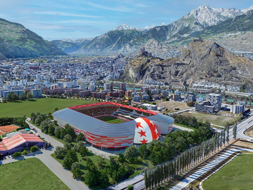HANDOUT - Image de synthese mise a disposition par le bureau d&#039;architecture Christian Constantin SA montrant le projet du nouveau stade de football du FC Sion remplacant du stade de Tourbillon da ...