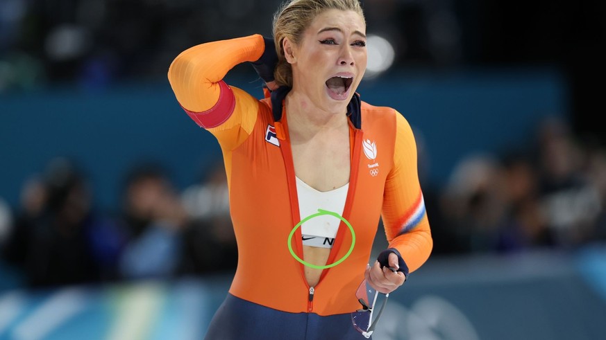 Le logo Nike, la fameuse virgule, apparaît sur la brassière de Jutta Leerdam quand elle ouvre sa combinaison juste après avoir franchi la ligne d'arrivée.