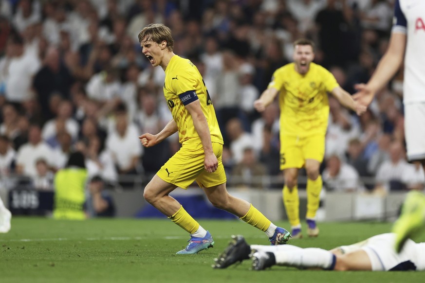 Glimt's Ulrik Saltnes celebrates scoring his side's first goal during the Europa League semifinal first leg soccer match between Tottenham Hotspur and Bodo/Glimt at the White Hart Lane stadi ...