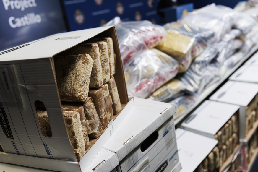 Drugs sized by Toronto Police are displayed during a press conference announcing the seizure of 835 kg., about 1,840 lbs. of cocaine, Tuesday, Jan. 21, 2025, in Toronto. (Cole Burston/The Canadian Pre ...