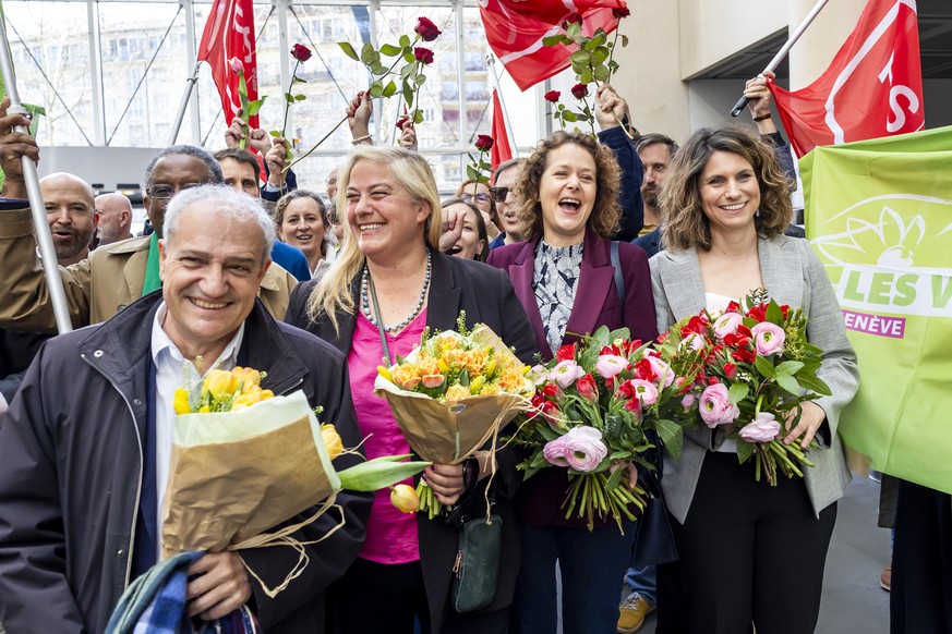 KEYPIX - Les candidats au Conseil administratif de la ville de Geneve, de gauche a droite, Alfonso Gomez (Les Verts), Marjorie de Chastonay (Les Verts), Joelle Bertossa (PS) et Christina Kitsos (PS),  ...