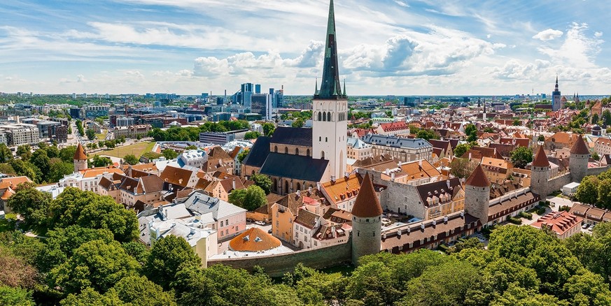 Beautiful aerial view of Tallinn old town. Medieval city in Northen Europe. The capital of Estonia. Beautiful Tallinn on a summer day.