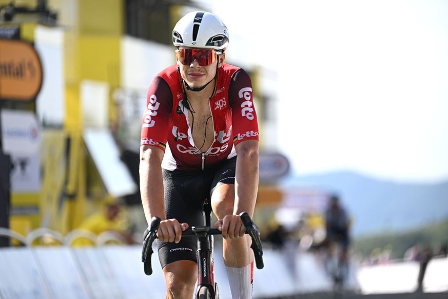 HAUTACAM, FRANCE - JULY 17: Arnaud De Lie of Belgium and Team Lotto crosses the finish line during the 112th Tour de France 2025, Stage 12 a 180.6km stage from Auch to Hautacam 1519m / #UCIWT / on Jul ...