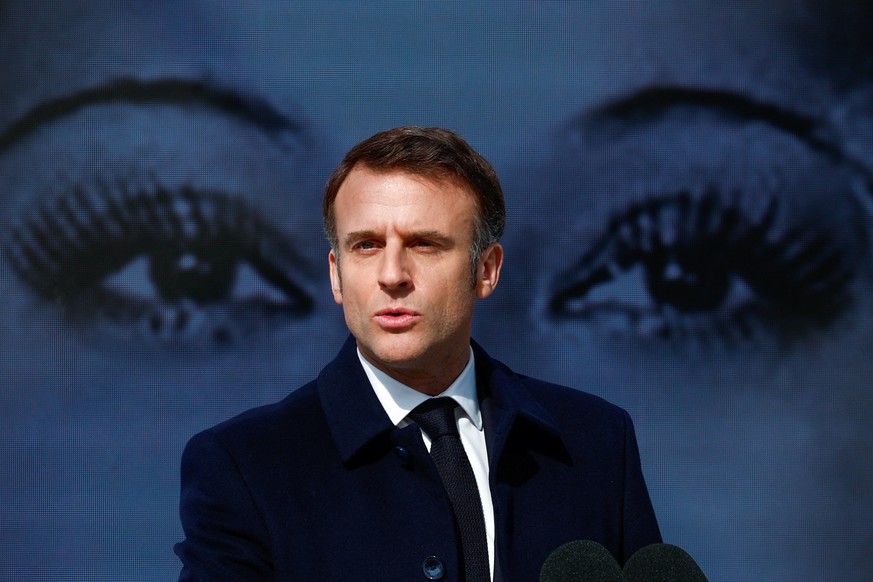 epa11206491 French President Emmanuel Macron speaks during a ceremony to seal the right to abortion in the French constitution, on International Women&#039;s Day, at the Place Vendome, in Paris, Franc ...