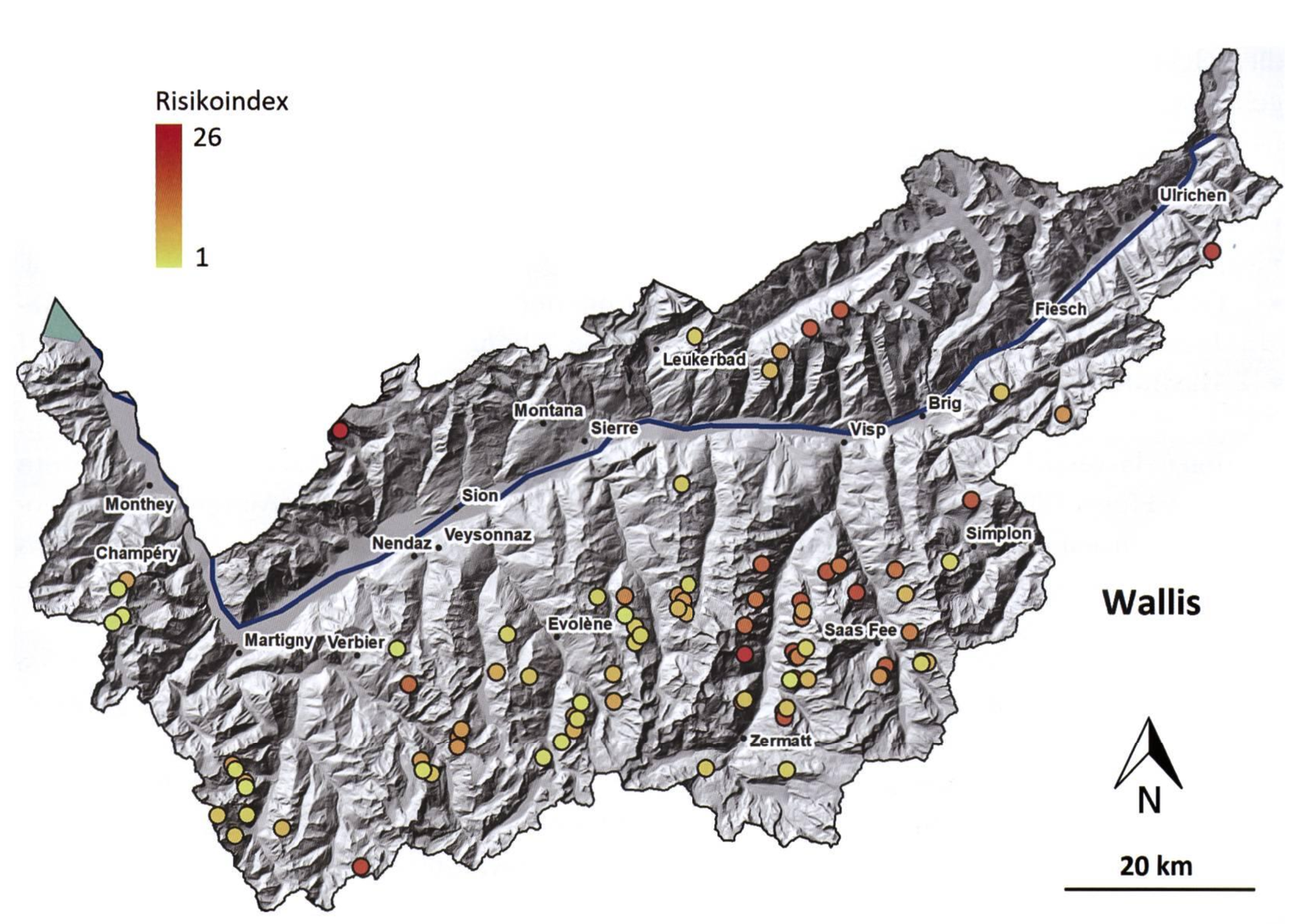 La carte qui montre les différents secteurs sensibles en Valais.
