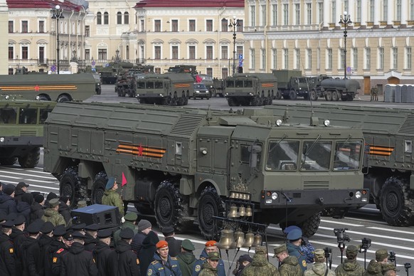 Iskander, Russian mobile short-range ballistic missile system launchers roll during a rehearsal for the Victory Day military parade at the Dvortsovaya (Palace) Square in St. Petersburg, Russia, Wednes ...