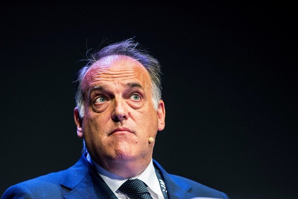 epa06271613 Javier Tebas, president of La Liga, the Spanish National Professional Football League, speaks on the second day of the World Football Summit (WFS) in Madrid, Spain, 17 October 2017. The Wo ...