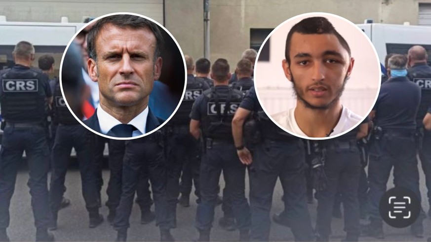 Le président Emmanuel Macron et Hedi, à droite, frappé par des policiers à Marseille début juillet.