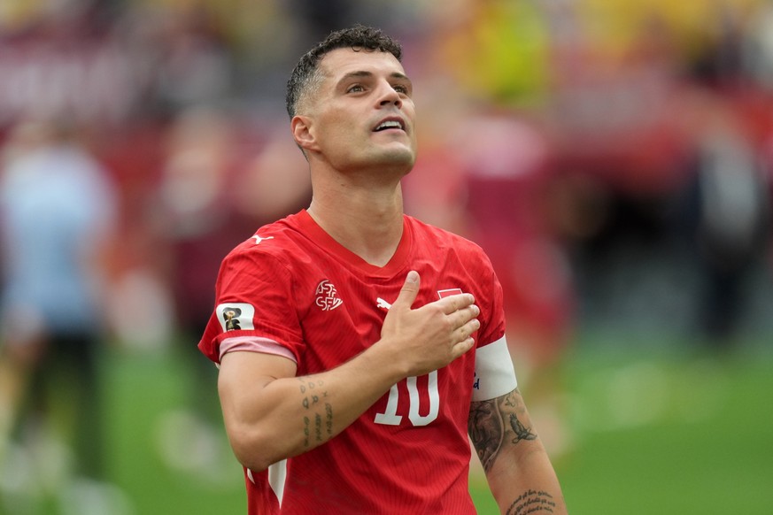 epa13096784 Granit Xhaka of Switzerland celebrates with their supporters after winning of the FIFA World Cup 2026 Round of 16 match Switzerland against Colombia, in Vancouver, Canada, 07 July 2026. EP ...