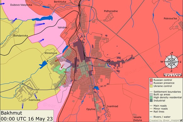 La situation actuelle à Bakhmout: les Russes contrôlent une grande partie de la ville.