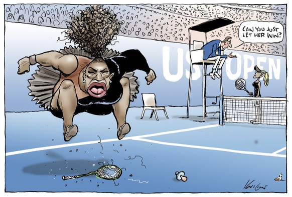 This Mark Knight&#039;s cartoon published by the Herald Sun depicts Serena Williams as an irate, hulking, big-mouthed black woman jumping up and down on a broken racket. The umpire was shown telling a ...