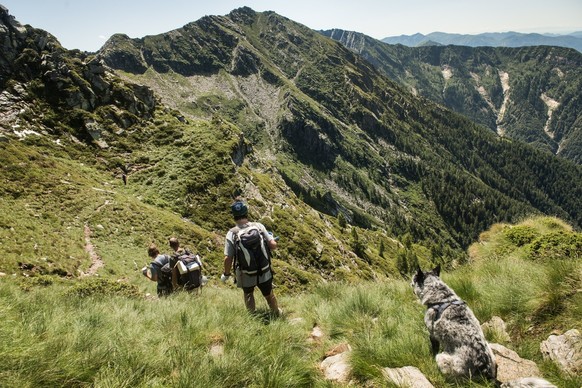 Bergwanderer auf dem Hoehenweg &#039;&#039;Via Alta Vallemaggia&#039;&#039;, 2. Etappe zwischen der Capanna Alpe Nimi und dem Rifugio Alpe Masnee oberhalb von Maggia, am 23. Juli 2021. Die anspruchsvo ...