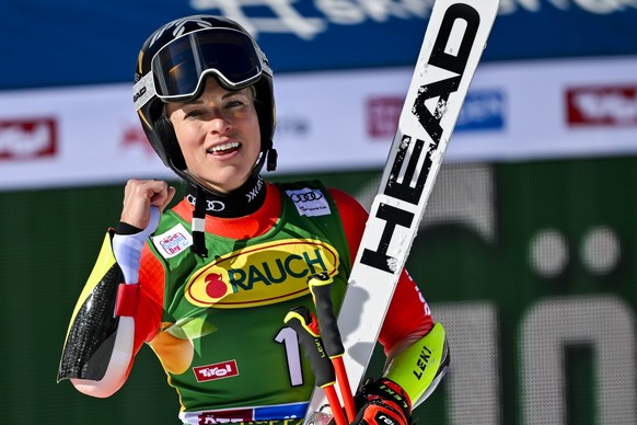 Winner Lara Gut-Behrami of Switzerland celebrates in the finish area during the second run of the Women&#039;s Giant Slalom race of the FIS Alpine Ski World Cup season opener on the Rettenbach glacier ...