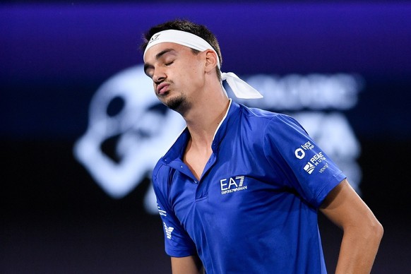 epa11049205 Lorenzo Sonego of Italy reacts during his Group D men&#039;s tennis match against Alexander Zverev of Germany at the 2024 United Cup at Ken Rosewall Arena in Sydney, Australia, 30 December ...