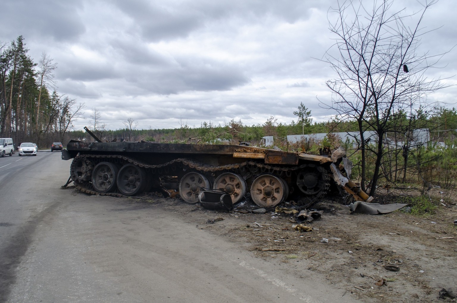 IRPIN, UKRAINE - Broken tanks, combat vehicles and other burnt military equipment of the Russian invaders in Irpin,The russian tank burned by the Ukrainian army. Kiev region Model Released Property Re ...