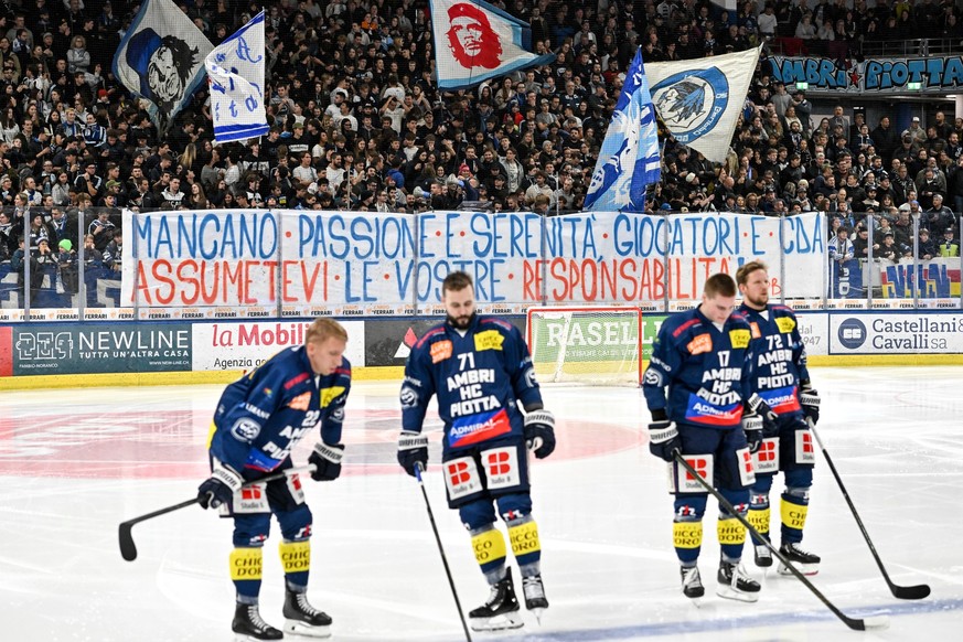 Ambri fans with a message for the team, during the regular season National League game between HC Ambri Piotta and Geneve Servette HC at the ice stadium Gottardo Arena, Switzerland, October 24, 2025.  ...
