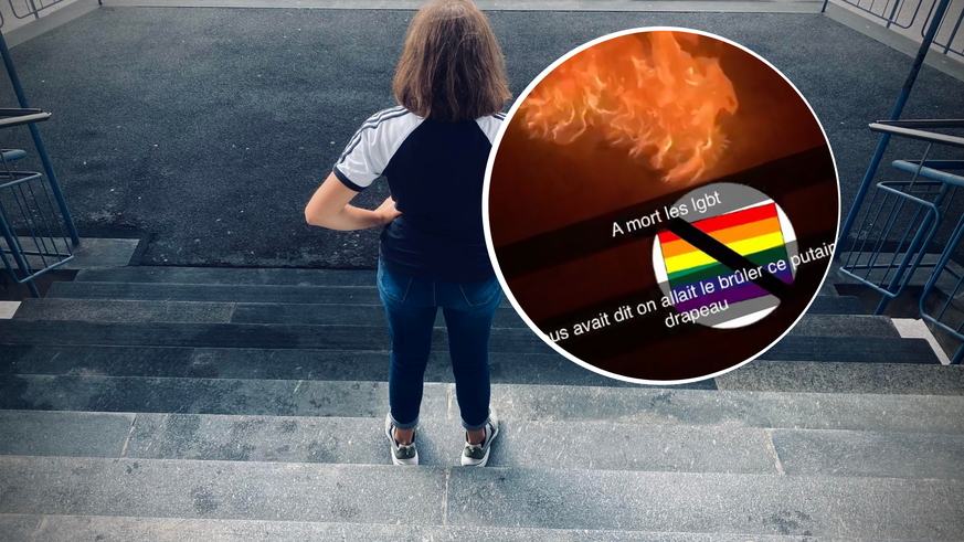 *Lucie (de dos) a reçu une vidéo sous la forme de menaces de mort, en message privé sur Instagram. Une vidéo très courte (médaillon) dans laquelle deux garçons brûlent un drapeau de la communauté LGBT ...
