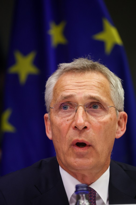 epa10845573 NATO Secretary General Jens Stoltenberg speaks during a hearing by the European Parliament Committee on Foreign Affairs and the Subcommittee on Security and Defence in Brussels, Belgium, 0 ...