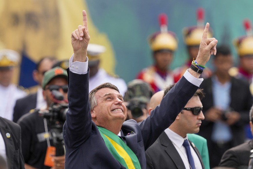 FILE - Brazil&#039;s President Jair Bolsonaro points up during a military parade to celebrate the bicentennial of the country&#039;s independence from Portugal, in Brasília, Brazil, Wednesday, Sept. 7 ...