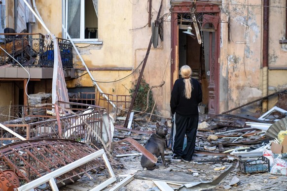 Une femme accompagnée de son chien examine une maison détruite à Odessa.