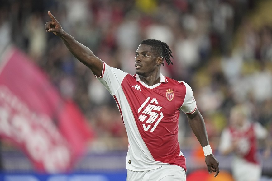 Monaco&#039;s Breel Embolo celebrates after scoring the second goal during the Champions League opening phase soccer match between Monaco and Crvena Zvezda, Red Star Belgrade, at the Louis II stadium, ...