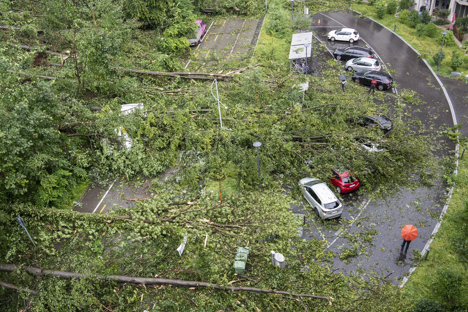 Umgestuerzte Baeume und abgebrochene Aeste haben nach dem schweren Unwetter auf dem Kaeferberg in Zuerich am Dienstag, 13. Juli 2021, Autos begraben und stark beschaedigt. Kraeftige Gewitter mit Stark ...