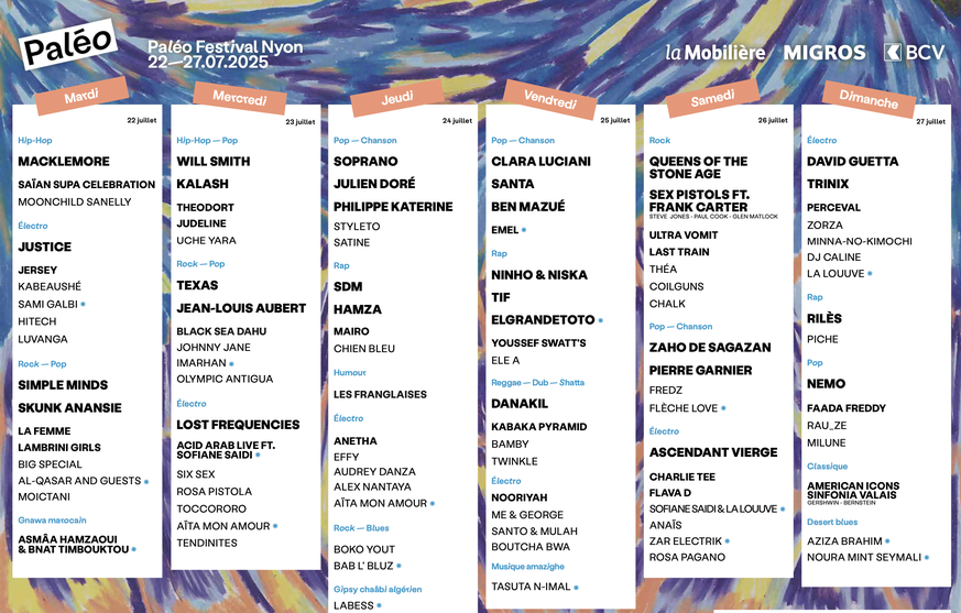 Le programme de la 48e édition du Paléo festival 2025.