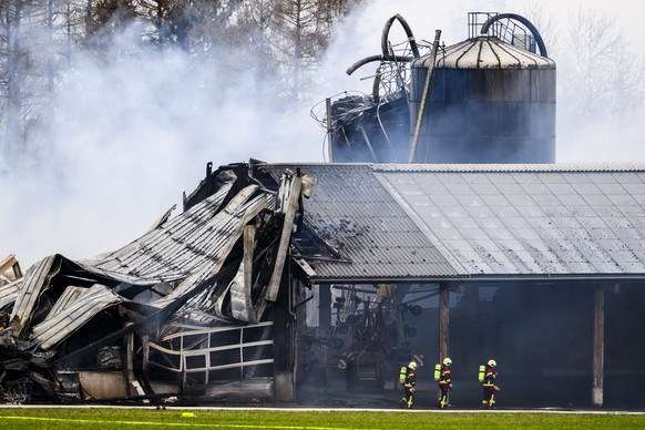 Des pompiers travaillent autour des decombres apres l&#039;incendie d&#039;une ferme le jeudi 21 decembre 2023 a Bottens dans le canton de Vaud. Plus de 500 animaux, principalement des bovins adultes  ...