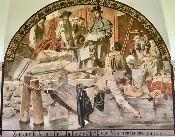 «Le temps des privilèges impériaux. Fabrique d’Indienne Macaire frère en 1800». Peinture murale de Carl von Häberlin, 1895.