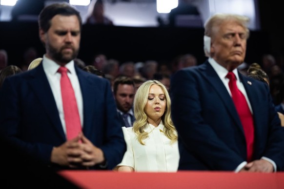 UNITED STATES - JULY 18: Tiffany Trump, the daughter of former President Donald Trump, right, is seen in the Fiserv Forum on the last night of the Republican National Convention in Milwaukee, Wis., on ...