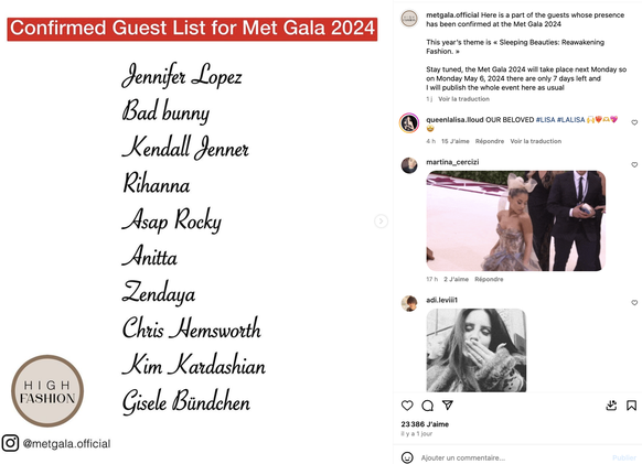 Liste d&#039;invités potentiels du Met Gala 2024.