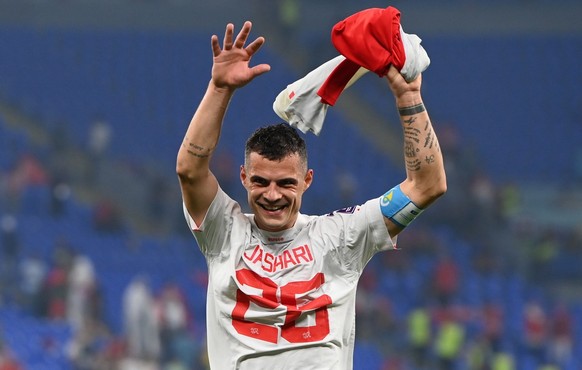 epa10345384 Granit Xhaka of Switzerland reacts after the FIFA World Cup 2022 group G soccer match between Serbia and Switzerland at Stadium 947 in Doha, Qatar, 02 December 2022. EPA/Georgi Licovski