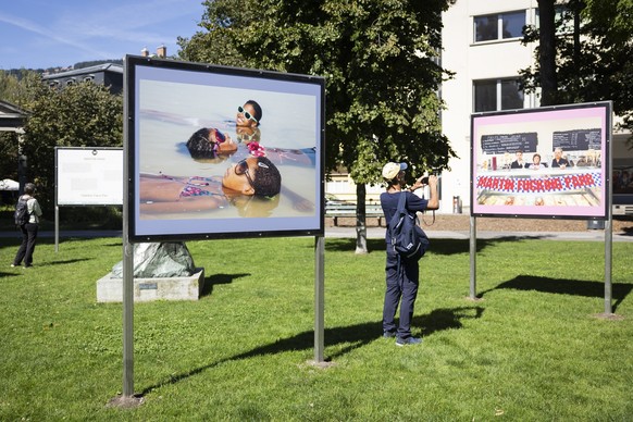 Pictures of British photographer Martin Parr are exhibited during the Festival Images Vevey, in Vevey, Switzerland, Friday, September 6, 2024. The Festival Images Vevey, Biennial of Visual Arts, exhib ...